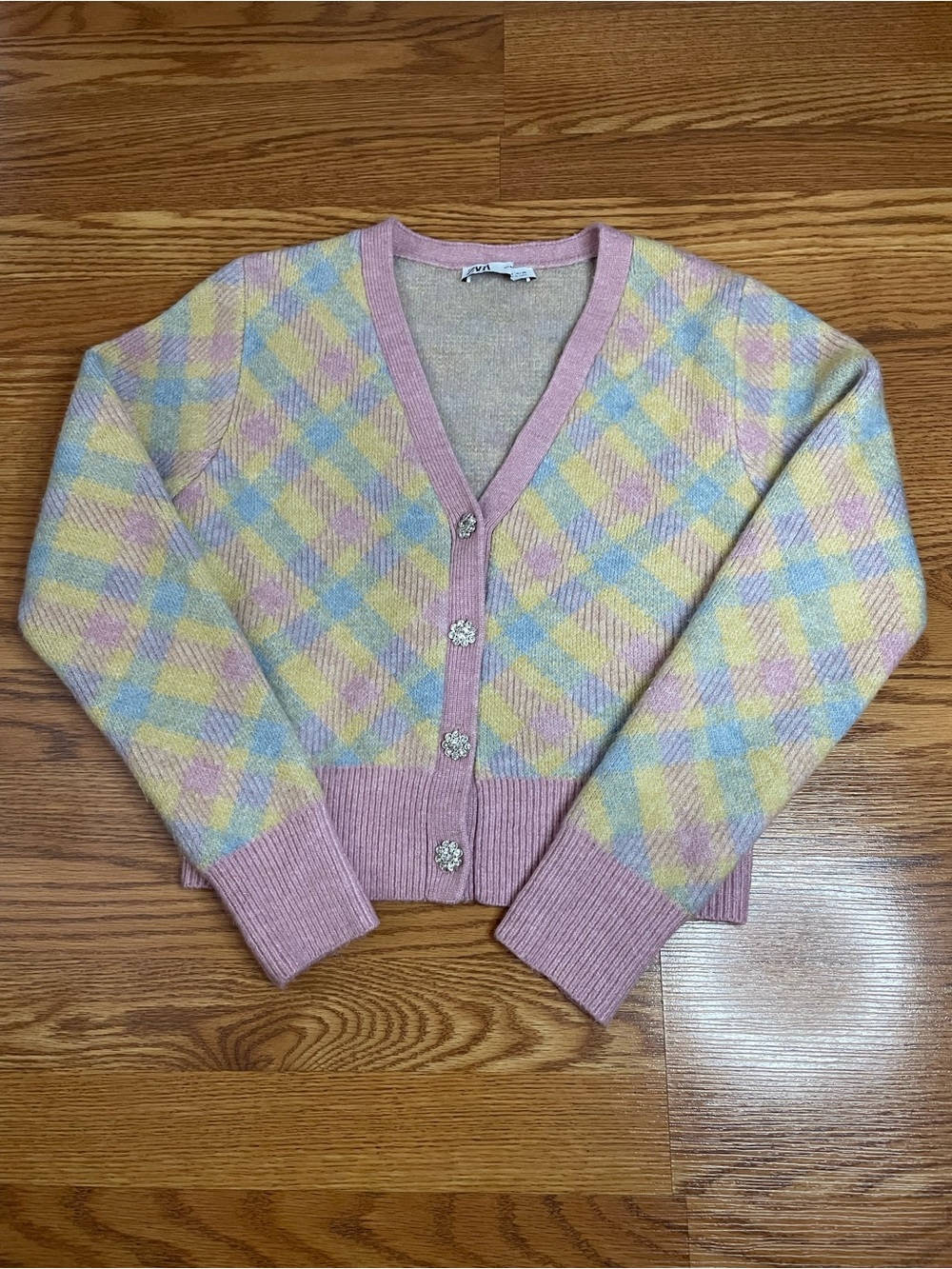 Zara Pastel Argyle Fuzzy Knit Cardigan Jewel Button Sweater Size M - Picture 6 of 11
